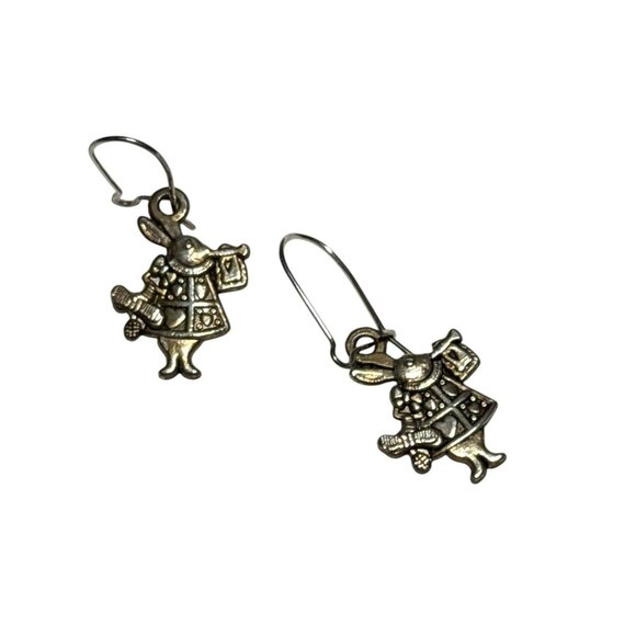 Vintage Alice in Wonderland White Rabbit Charm Earrings Brass Tone Hook Dangle - Picture 3 of 6